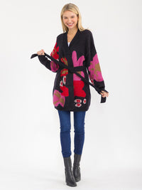 WOMEN'S LONG SLEEVE OPEN FRONT SELF TIE MULTI PRINT CARDIGAN