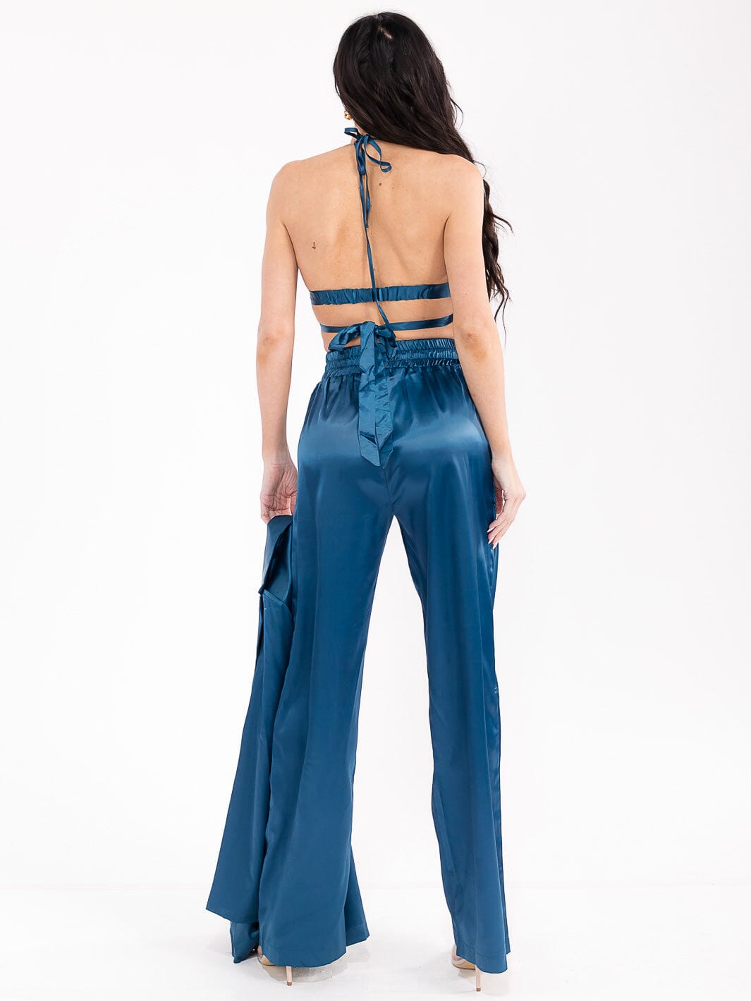 WOMEN'S LONG SLEEVE CARDIGAN WITH BRALETTE & ELASTIC WAIST PANTS SATIN 3PC. SET