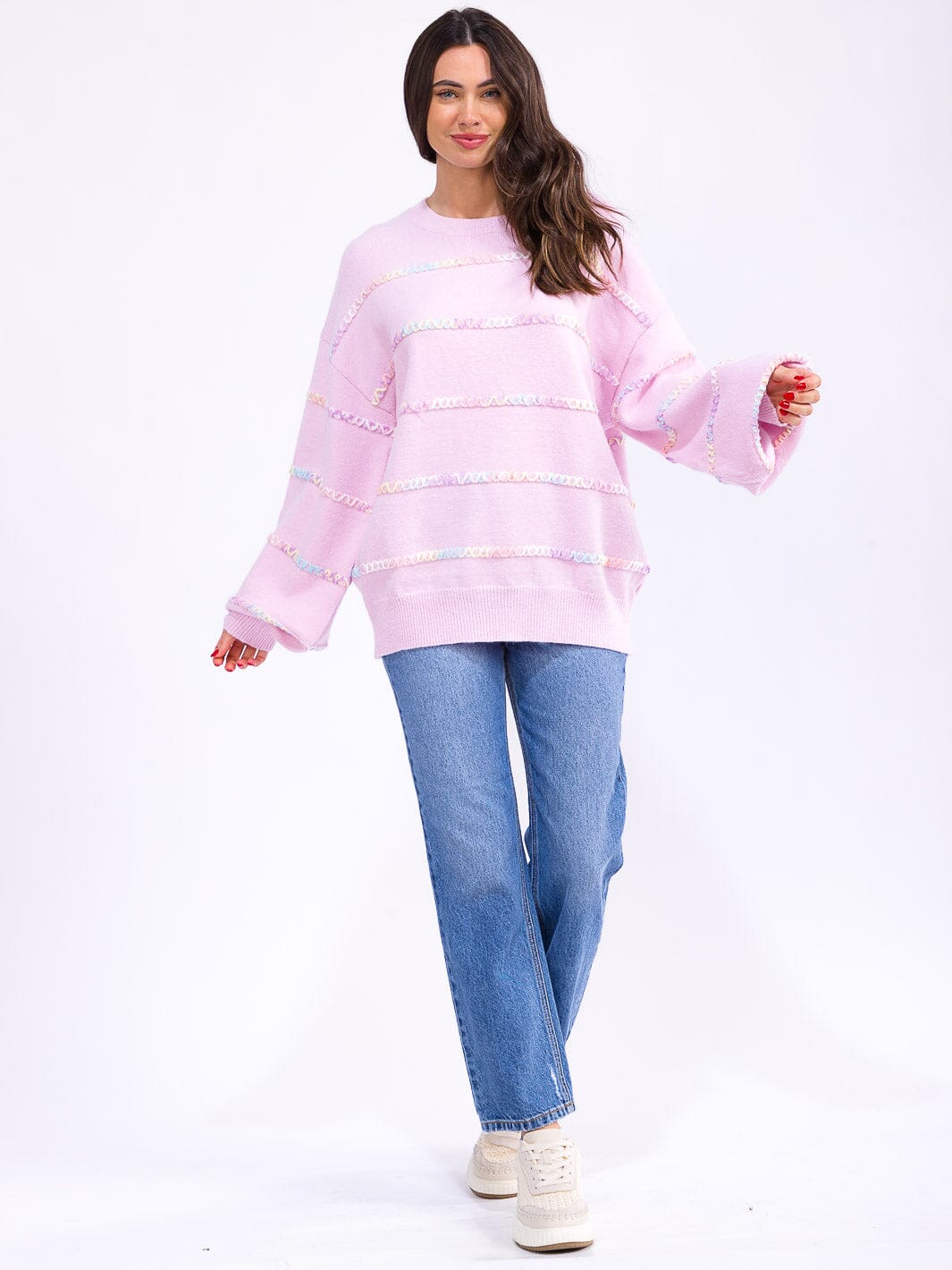 WOMEN'S LONG BALLOON SLEEVE MULTI TRIM DETAILED PULLOVER SWEATER