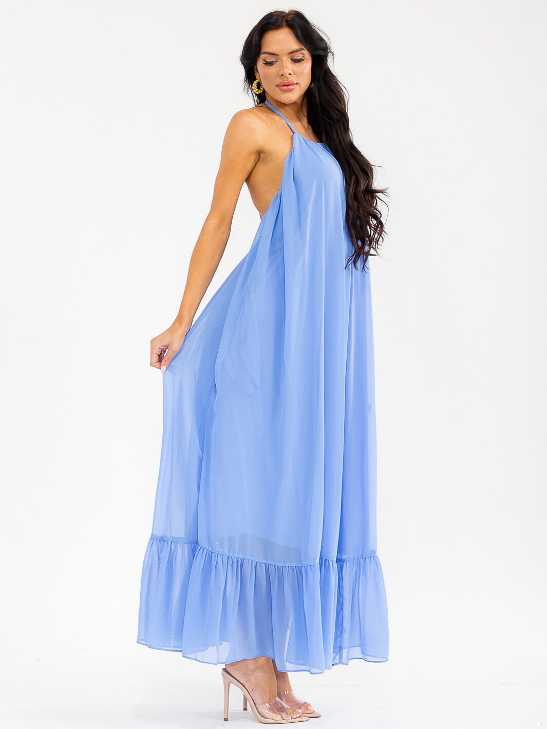 WOMEN'S SLEEVELESS HALTER NECK OPEN BACK FRONT POCKETS MAXI DRESS
