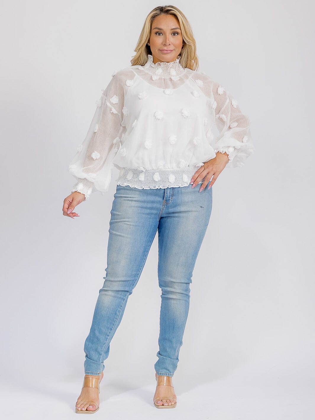 PLUS SIZE LONG SLEEVE TURTLE NECK SWISS DETAILED BLOUSE