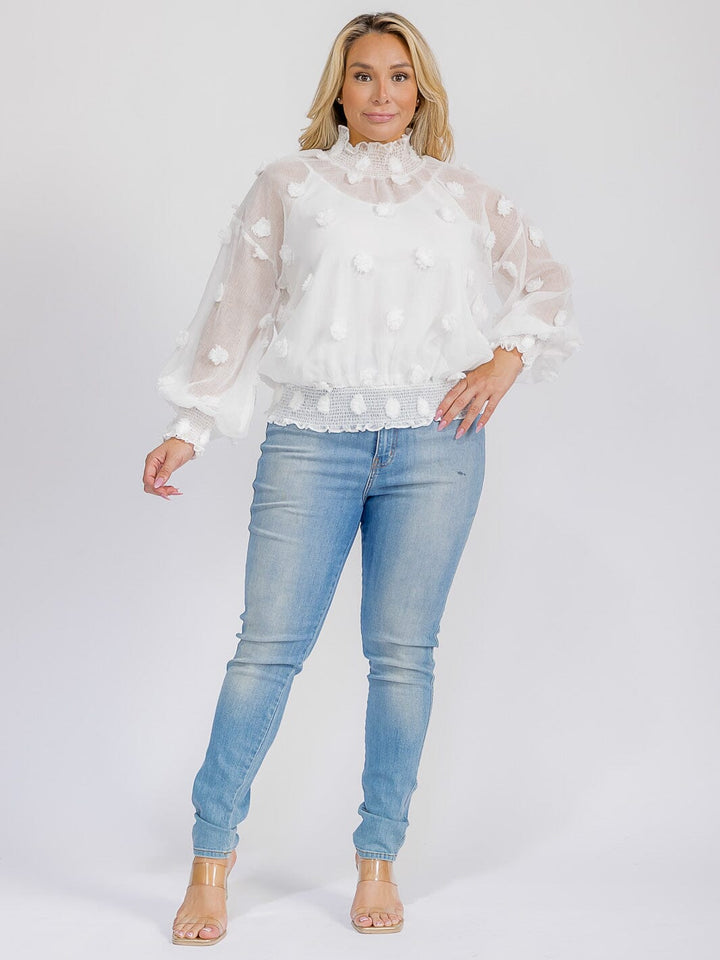 PLUS SIZE LONG SLEEVE TURTLE NECK SWISS DETAILED BLOUSE