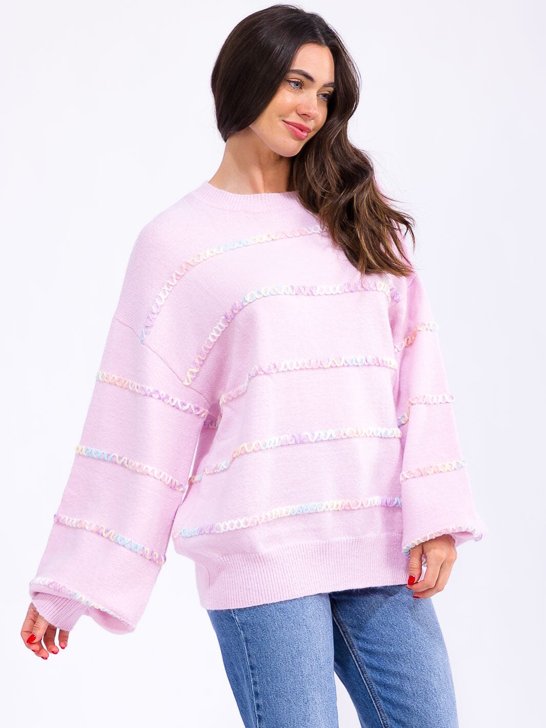 WOMEN'S LONG BALLOON SLEEVE MULTI TRIM DETAILED PULLOVER SWEATER