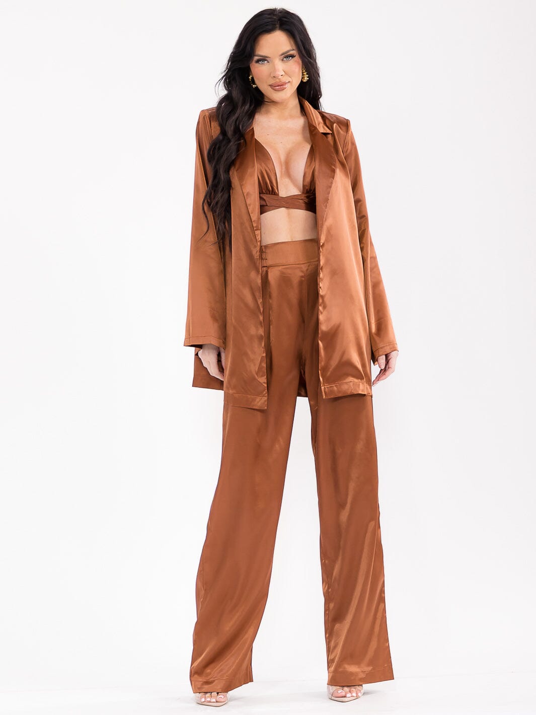 WOMEN'S LONG SLEEVE CARDIGAN WITH BRALETTE & ELASTIC WAIST PANTS SATIN 3PC. SET