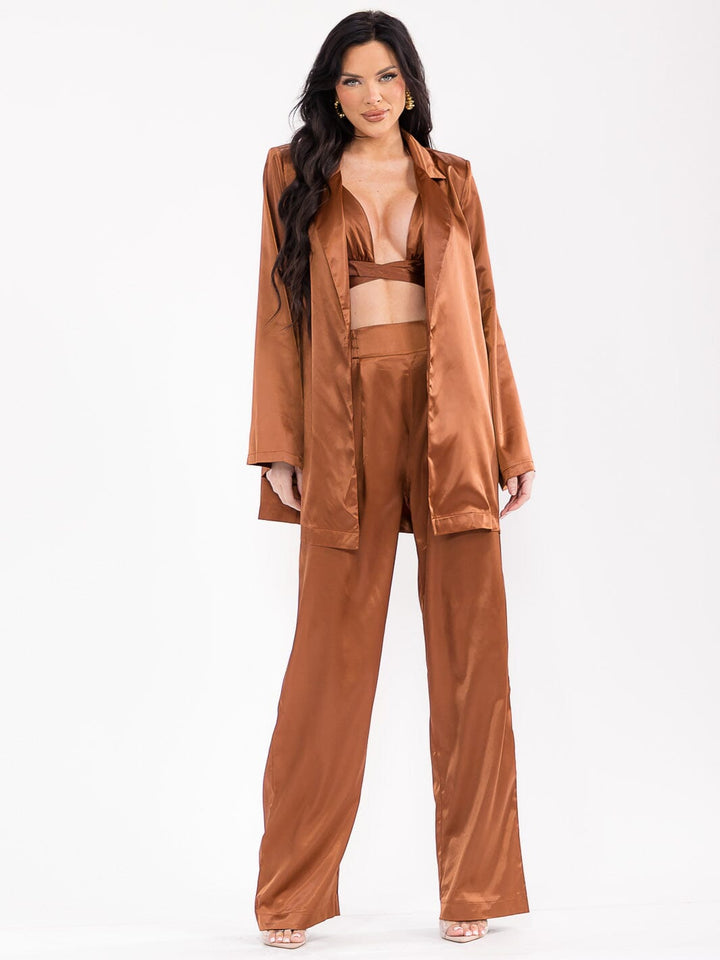 WOMEN'S LONG SLEEVE CARDIGAN WITH BRALETTE & ELASTIC WAIST PANTS SATIN 3PC. SET