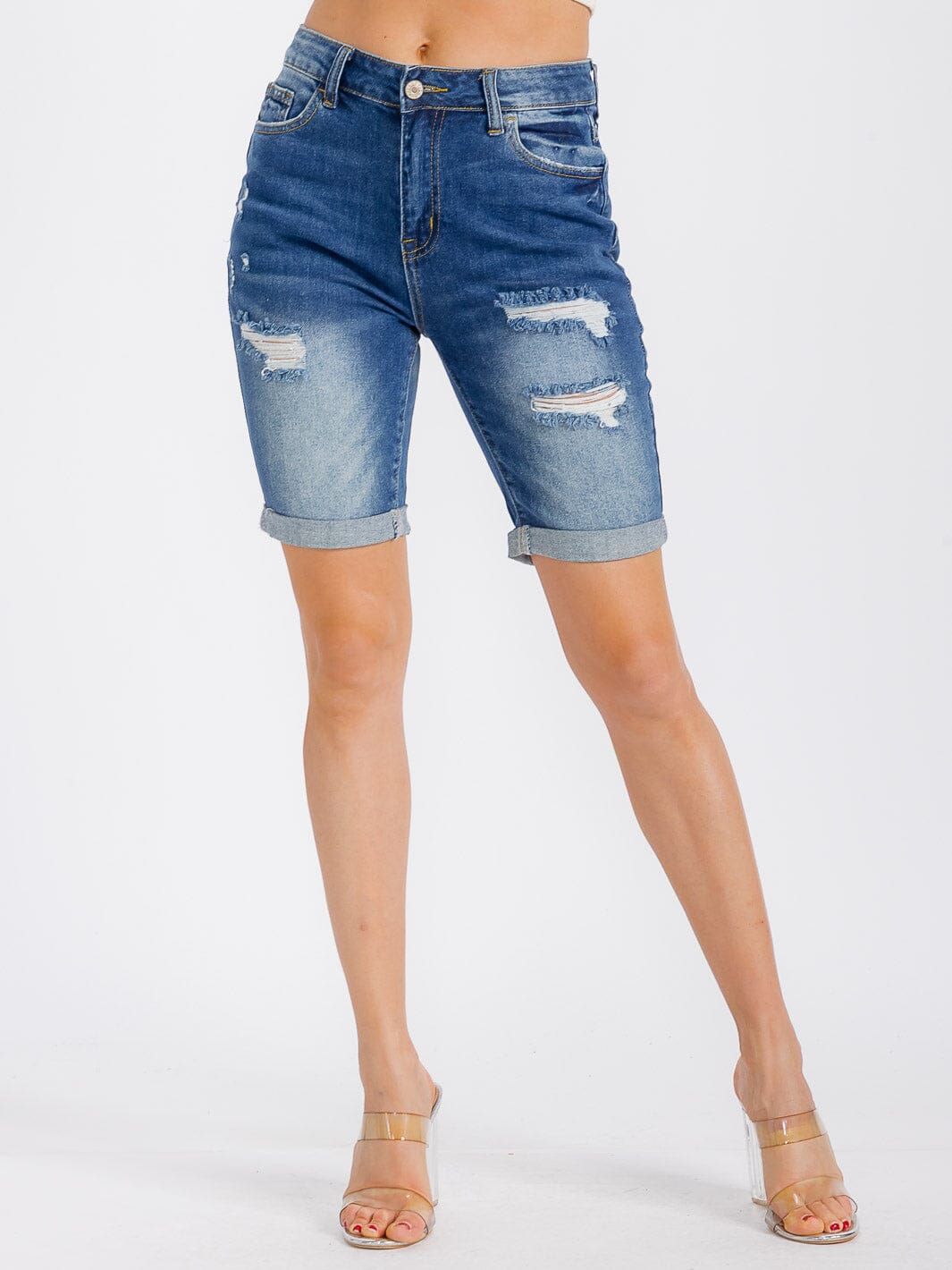 WOMEN'S BUTTON CLOSURE POCKETS WASHED DISTRESS DENIM SHORTS