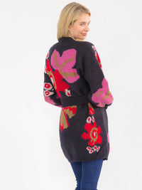 WOMEN'S LONG SLEEVE OPEN FRONT SELF TIE MULTI PRINT CARDIGAN