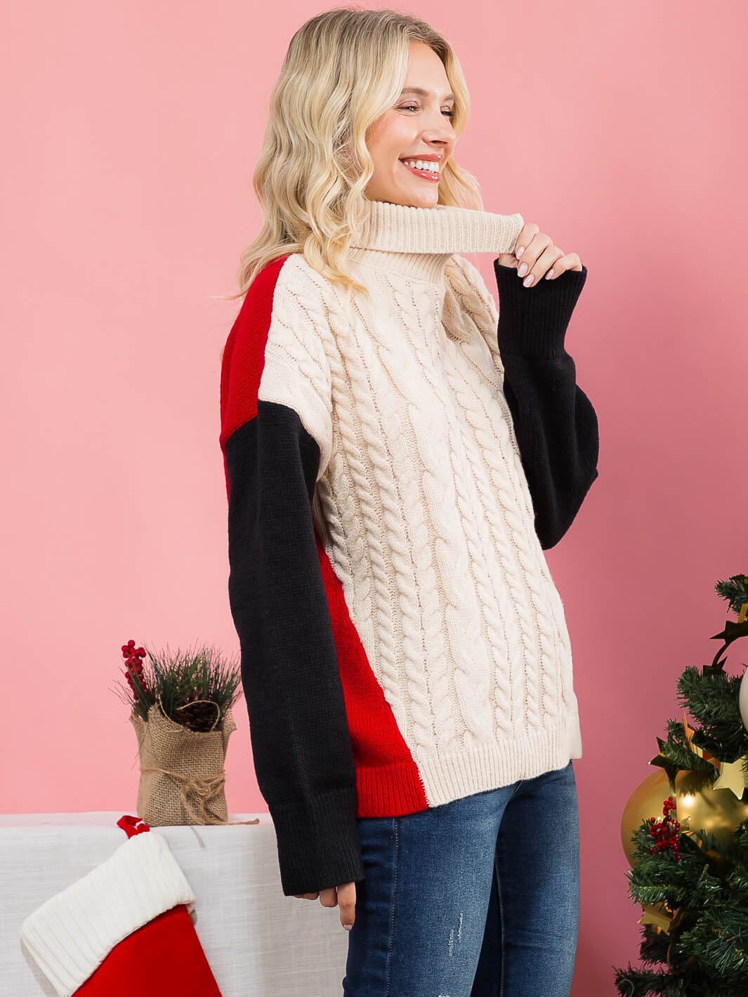 WOMEN'S LONG SLEEVE COLORBLOCK TURTLE NECK CABLE KNIT PULLOVER SWEATER