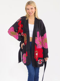 WOMEN'S LONG SLEEVE OPEN FRONT SELF TIE MULTI PRINT CARDIGAN