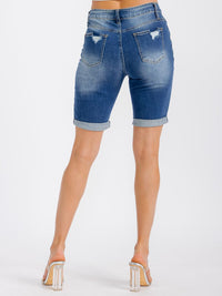 WOMEN'S BUTTON CLOSURE POCKETS WASHED DISTRESS DENIM SHORTS