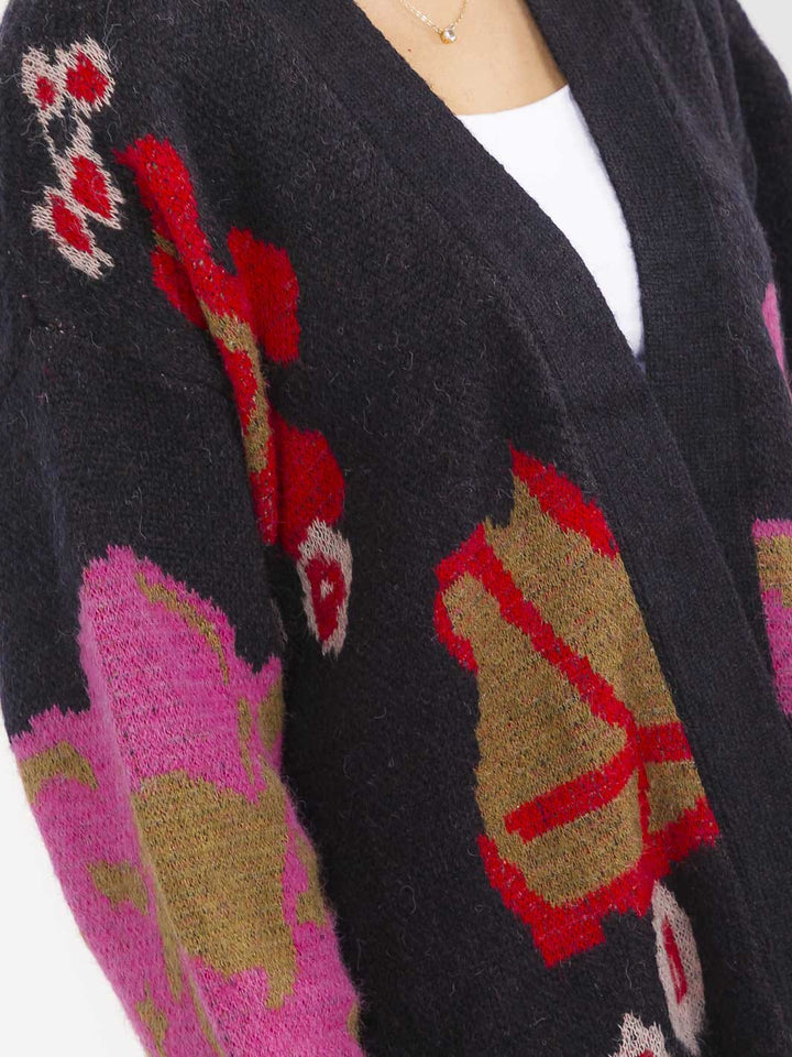 WOMEN'S LONG SLEEVE OPEN FRONT SELF TIE MULTI PRINT CARDIGAN