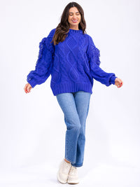WOMEN'S LONG SLEEVE FRINGE DETAILED PULLOVER SWEATER