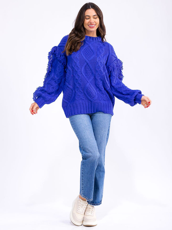 WOMEN'S LONG SLEEVE FRINGE DETAILED PULLOVER SWEATER