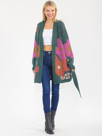 WOMEN'S LONG SLEEVE OPEN FRONT SELF TIE MULTI PRINT CARDIGAN
