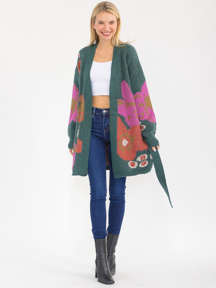 WOMEN'S LONG SLEEVE OPEN FRONT SELF TIE MULTI PRINT CARDIGAN