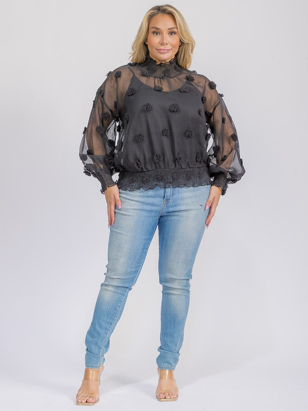 PLUS SIZE LONG SLEEVE TURTLE NECK SWISS DETAILED BLOUSE