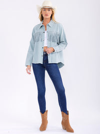 WOMEN'S LONG SLEEVE BUTTON CLOSURE DENIM FRINGE SHACKET