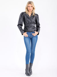 WOMEN'S LONG SLEEVE OPEN FRONT BELTED PU PLEATHER JACKET