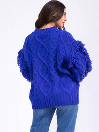 WOMEN'S LONG SLEEVE FRINGE DETAILED PULLOVER SWEATER