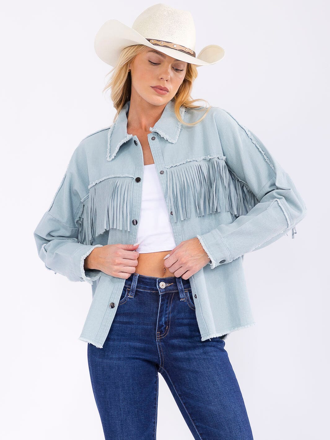 WOMEN'S LONG SLEEVE BUTTON CLOSURE DENIM FRINGE SHACKET
