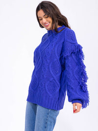 WOMEN'S LONG SLEEVE FRINGE DETAILED PULLOVER SWEATER