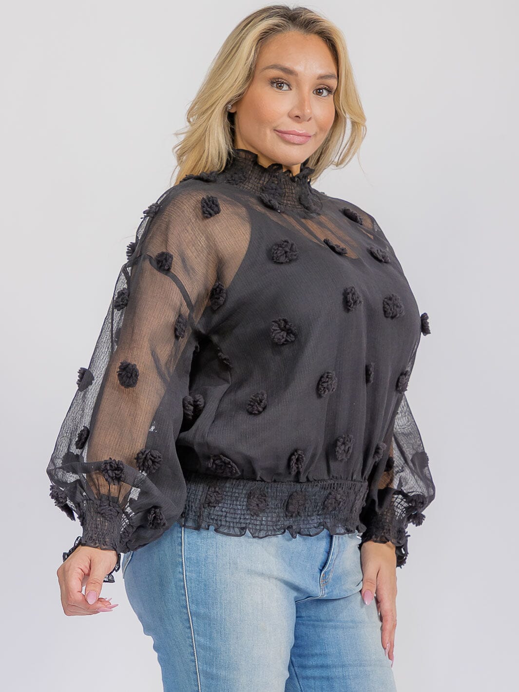 PLUS SIZE LONG SLEEVE TURTLE NECK SWISS DETAILED BLOUSE