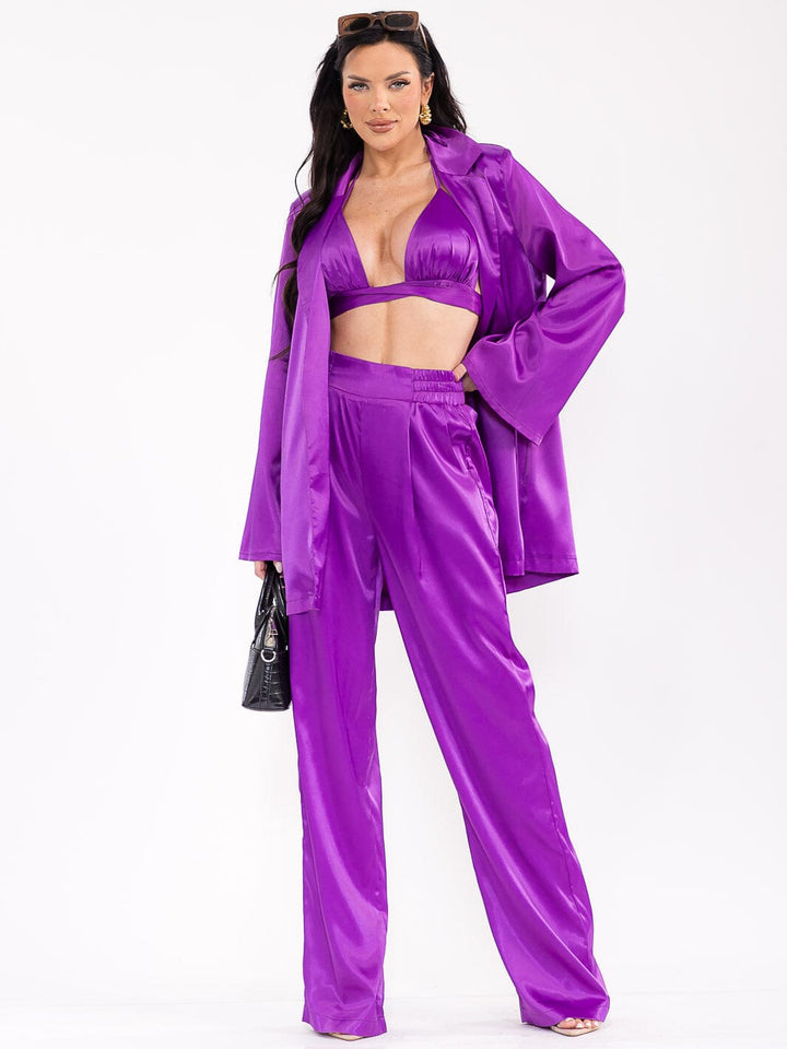 WOMEN'S LONG SLEEVE CARDIGAN WITH BRALETTE & ELASTIC WAIST PANTS SATIN 3PC. SET