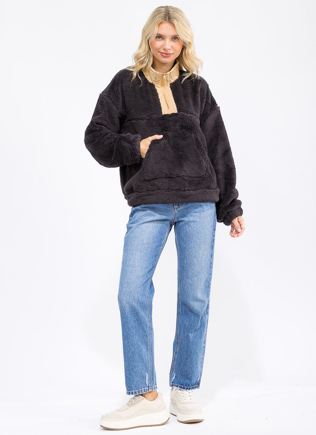WOMEN'S LONG SLEEVE ZIP UP FRONT POCKET PULLOVER SHERPA SWEATER