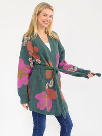 WOMEN'S LONG SLEEVE OPEN FRONT SELF TIE MULTI PRINT CARDIGAN