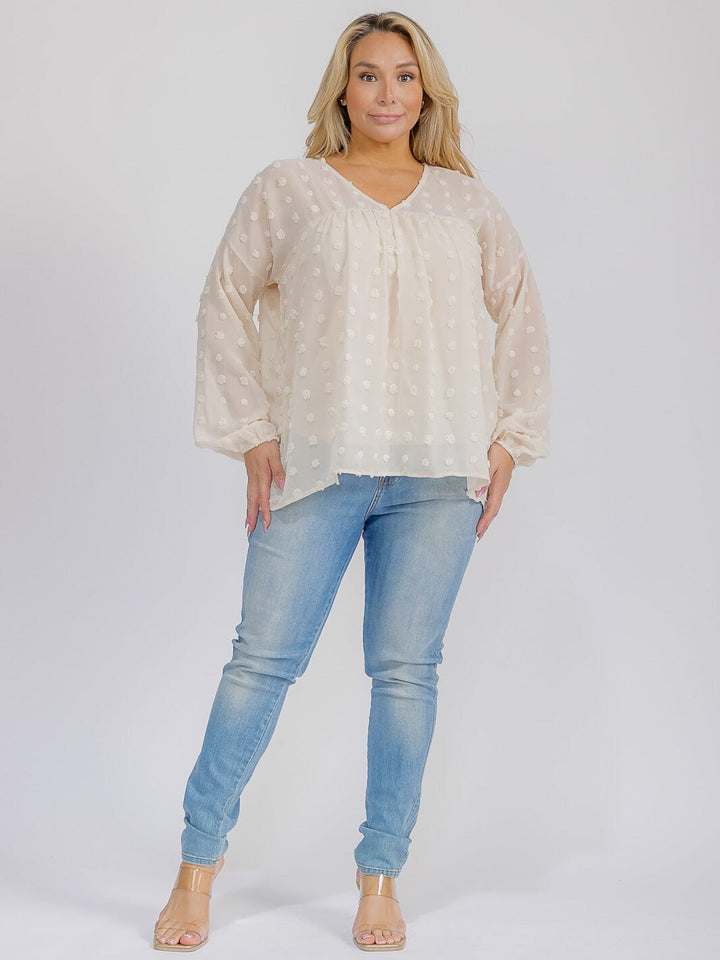 PLUS SIZE LONG SLEEVE V-NECK SWISS DETAILED BLOUSE