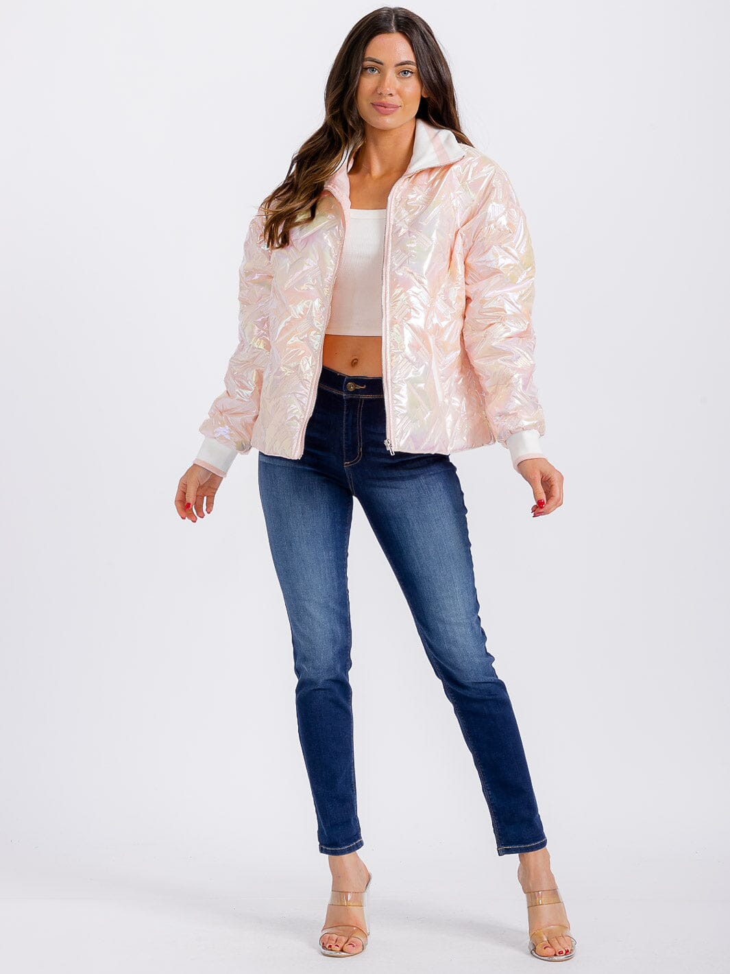 WOMEN'S LONG SLEEVE ZIPPER CLOSURE POCKETS PUFFER METALLIC JACKET