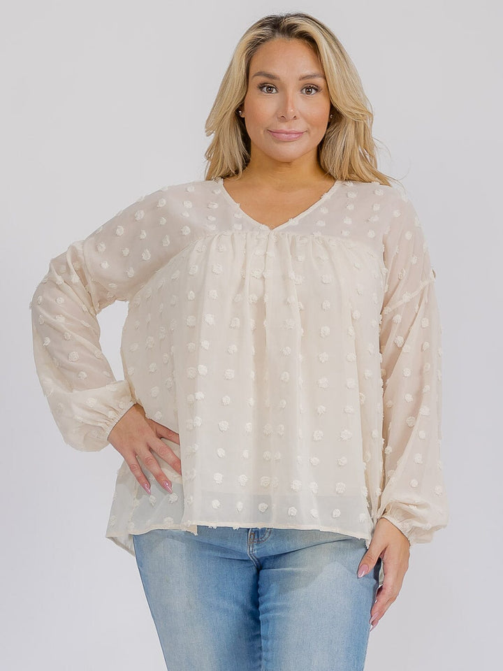PLUS SIZE LONG SLEEVE V-NECK SWISS DETAILED BLOUSE
