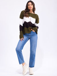 WOMEN'S LONG SLEEVE COLORBLOCK KNIT PULLOVER SWEATER