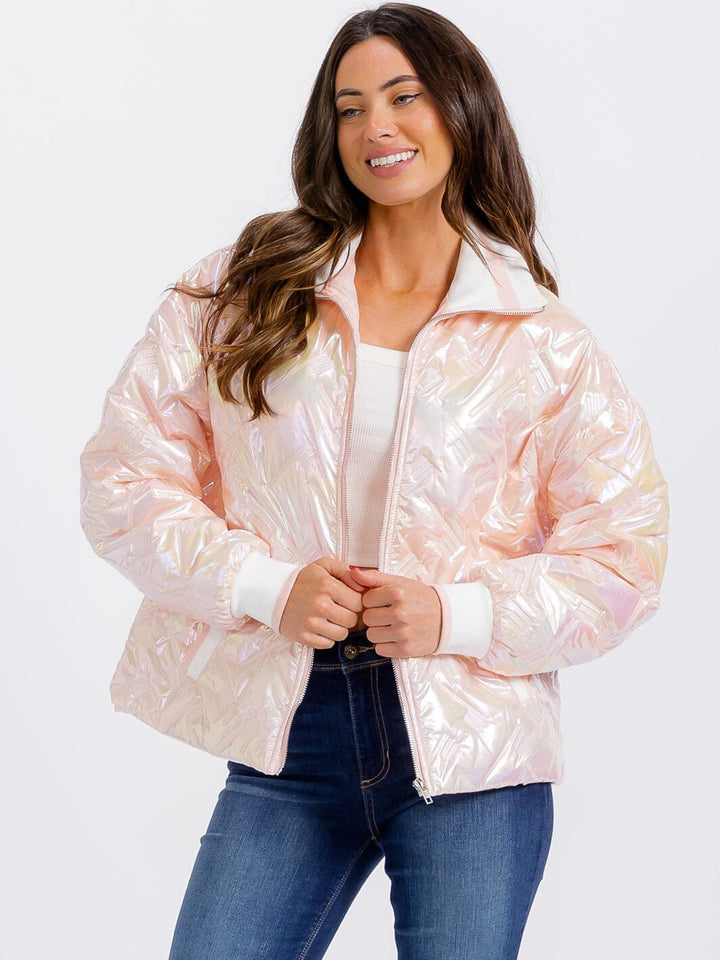 WOMEN'S LONG SLEEVE ZIPPER CLOSURE POCKETS PUFFER METALLIC JACKET