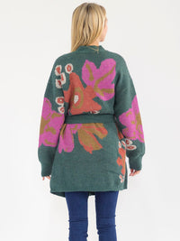 WOMEN'S LONG SLEEVE OPEN FRONT SELF TIE MULTI PRINT CARDIGAN