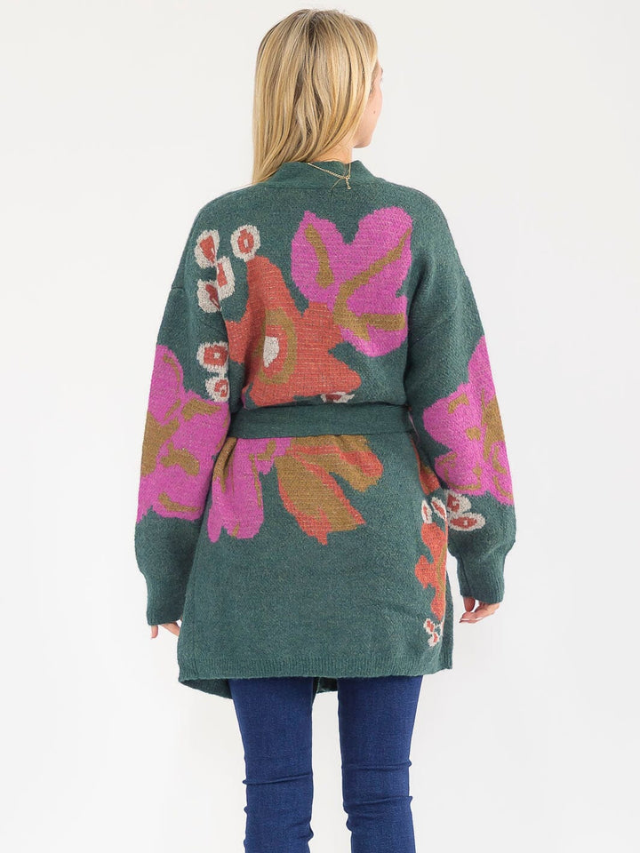 WOMEN'S LONG SLEEVE OPEN FRONT SELF TIE MULTI PRINT CARDIGAN