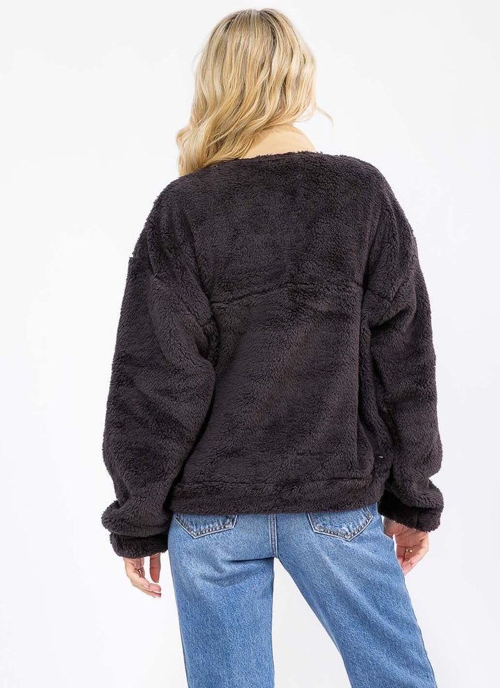 WOMEN'S LONG SLEEVE ZIP UP FRONT POCKET PULLOVER SHERPA SWEATER
