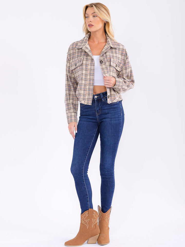 WOMEN'S LONG SLEEVE BUTTON CLOSURE FRONT POCKETS PLAID JACKET