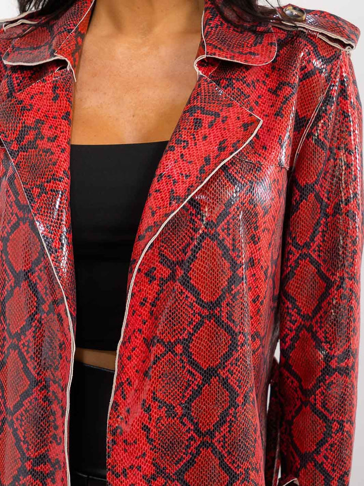 WOMENS'S LONG SLEEVE OPEN FRONT POCKETS SELF TIE ANIMAL PRINT COAT