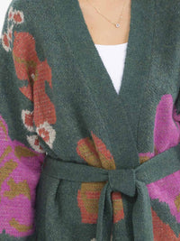 WOMEN'S LONG SLEEVE OPEN FRONT SELF TIE MULTI PRINT CARDIGAN