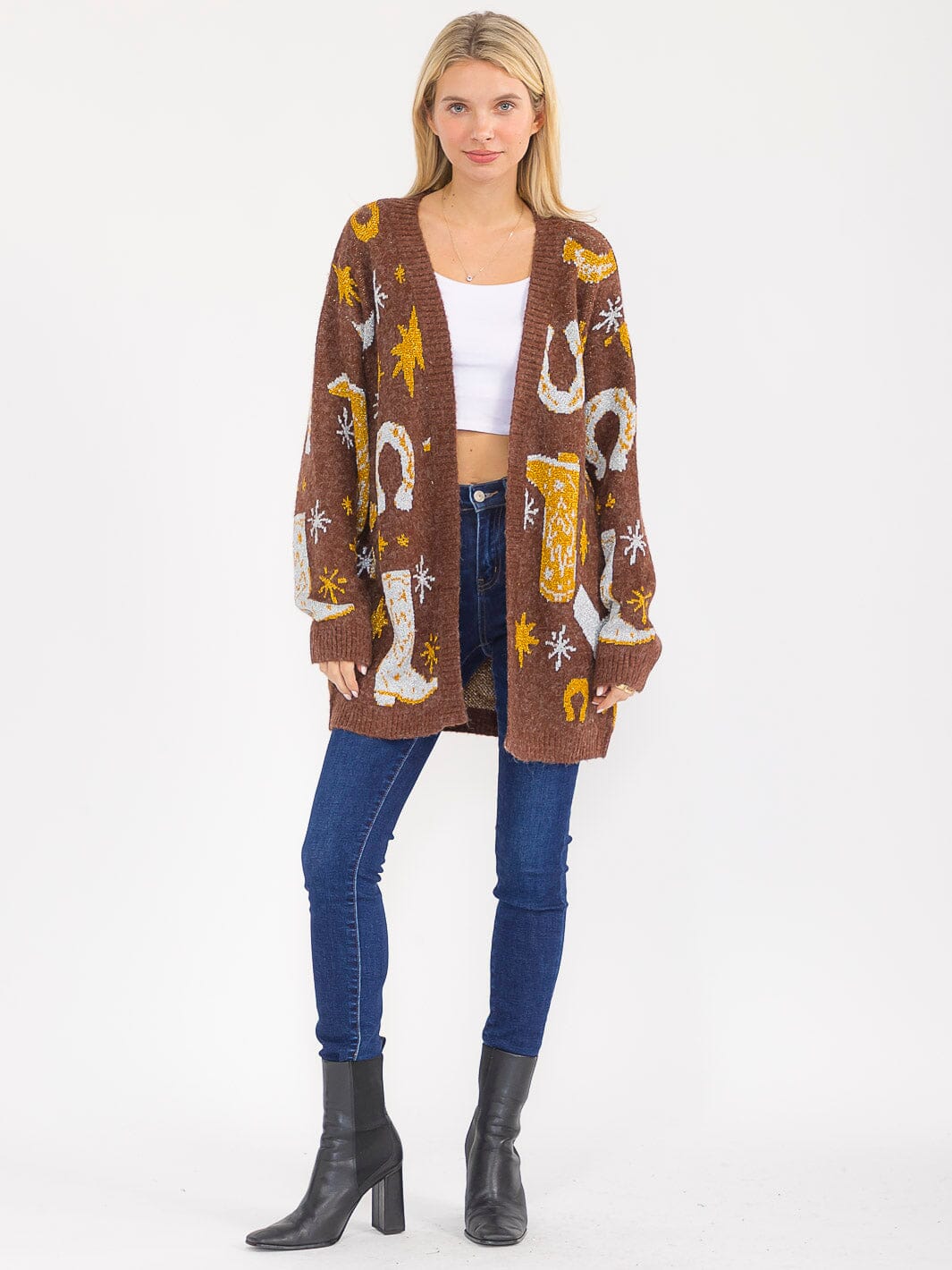 WOMEN'S LONG SLEEVE OPEN FRONT MULTI PRINT SHIMMER CARDIGAN