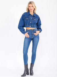 WOMEN'S LONG SLEEVE BUTTON CLOSURE FRONT POCKETS STRETCH DENIM JACKET