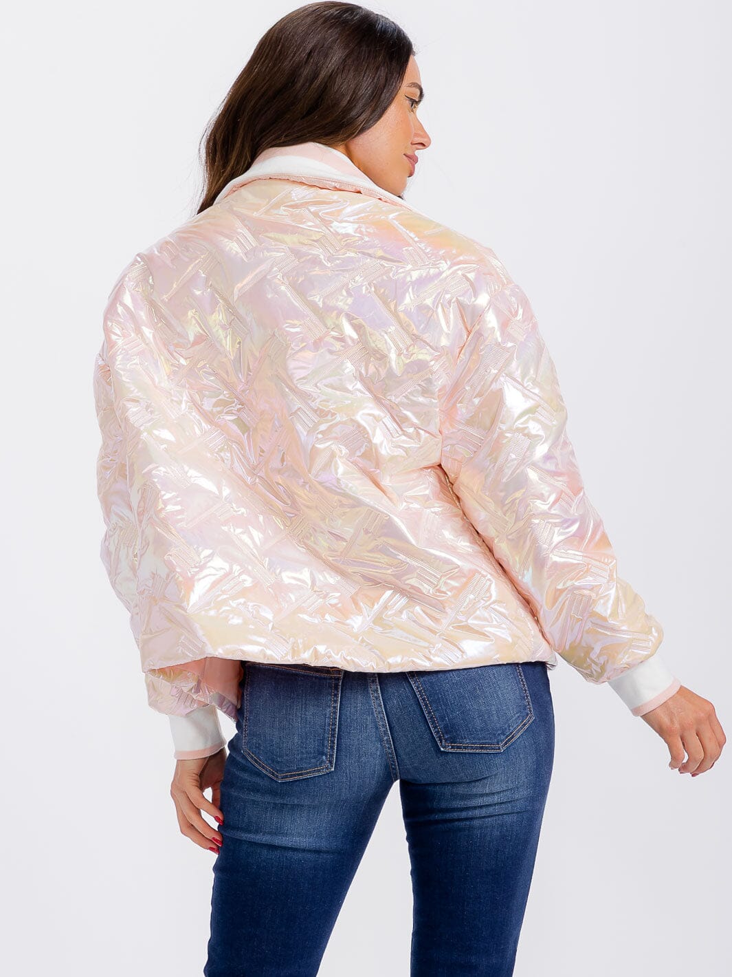 WOMEN'S LONG SLEEVE ZIPPER CLOSURE POCKETS PUFFER METALLIC JACKET