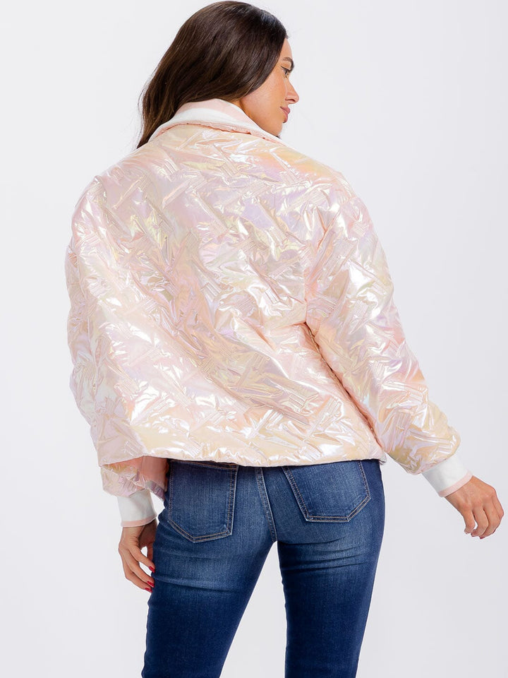 WOMEN'S LONG SLEEVE ZIPPER CLOSURE POCKETS PUFFER METALLIC JACKET