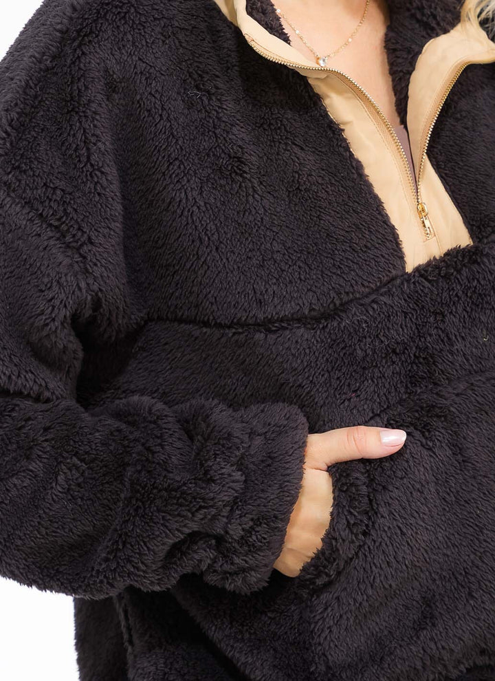 WOMEN'S LONG SLEEVE ZIP UP FRONT POCKET PULLOVER SHERPA SWEATER