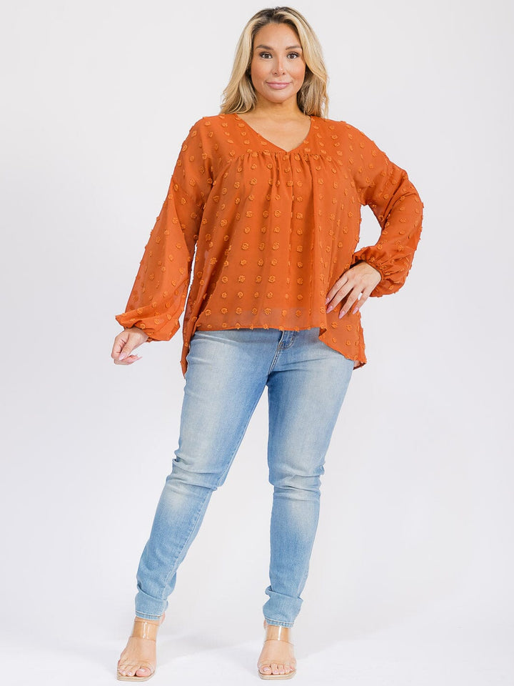 PLUS SIZE LONG SLEEVE V-NECK SWISS DETAILED BLOUSE