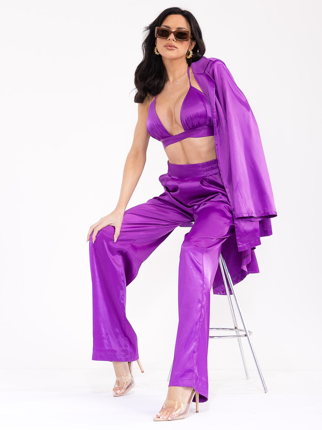 WOMEN'S LONG SLEEVE CARDIGAN WITH BRALETTE & ELASTIC WAIST PANTS SATIN 3PC. SET