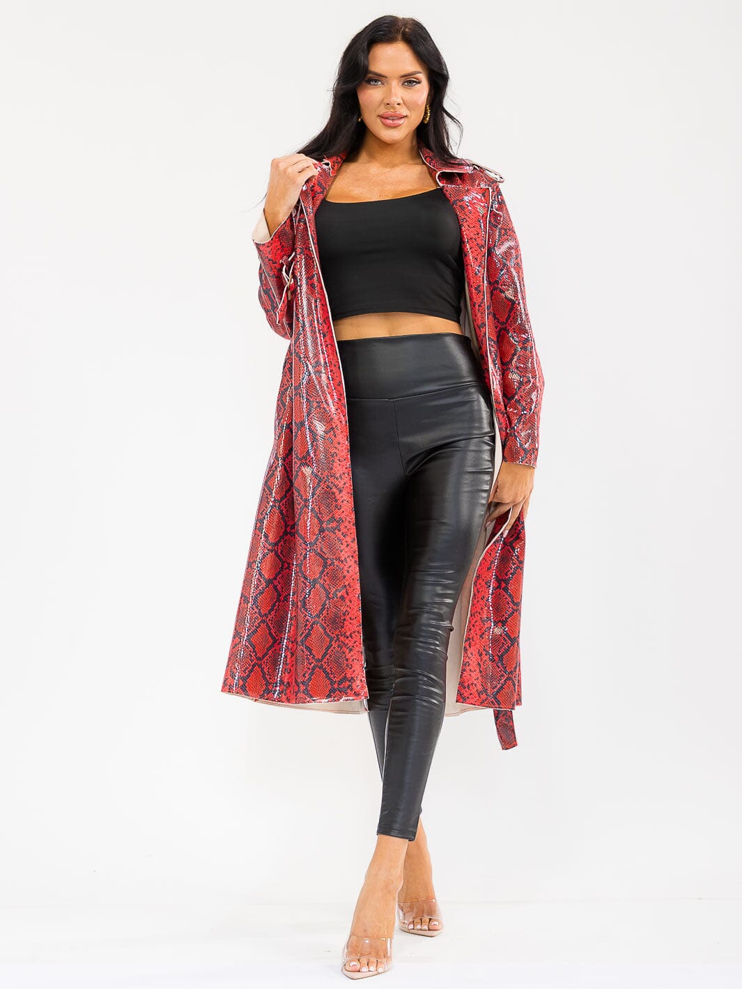 WOMENS'S LONG SLEEVE OPEN FRONT POCKETS SELF TIE ANIMAL PRINT COAT