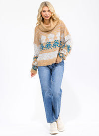 WOMEN'S LONG SLEEVE TURTLE NECK MULTI PRINT PULLOVER SWEATER
