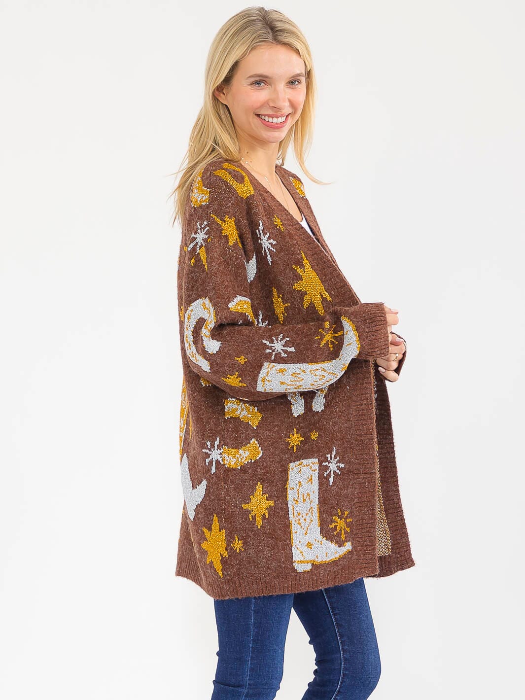 WOMEN'S LONG SLEEVE OPEN FRONT MULTI PRINT SHIMMER CARDIGAN